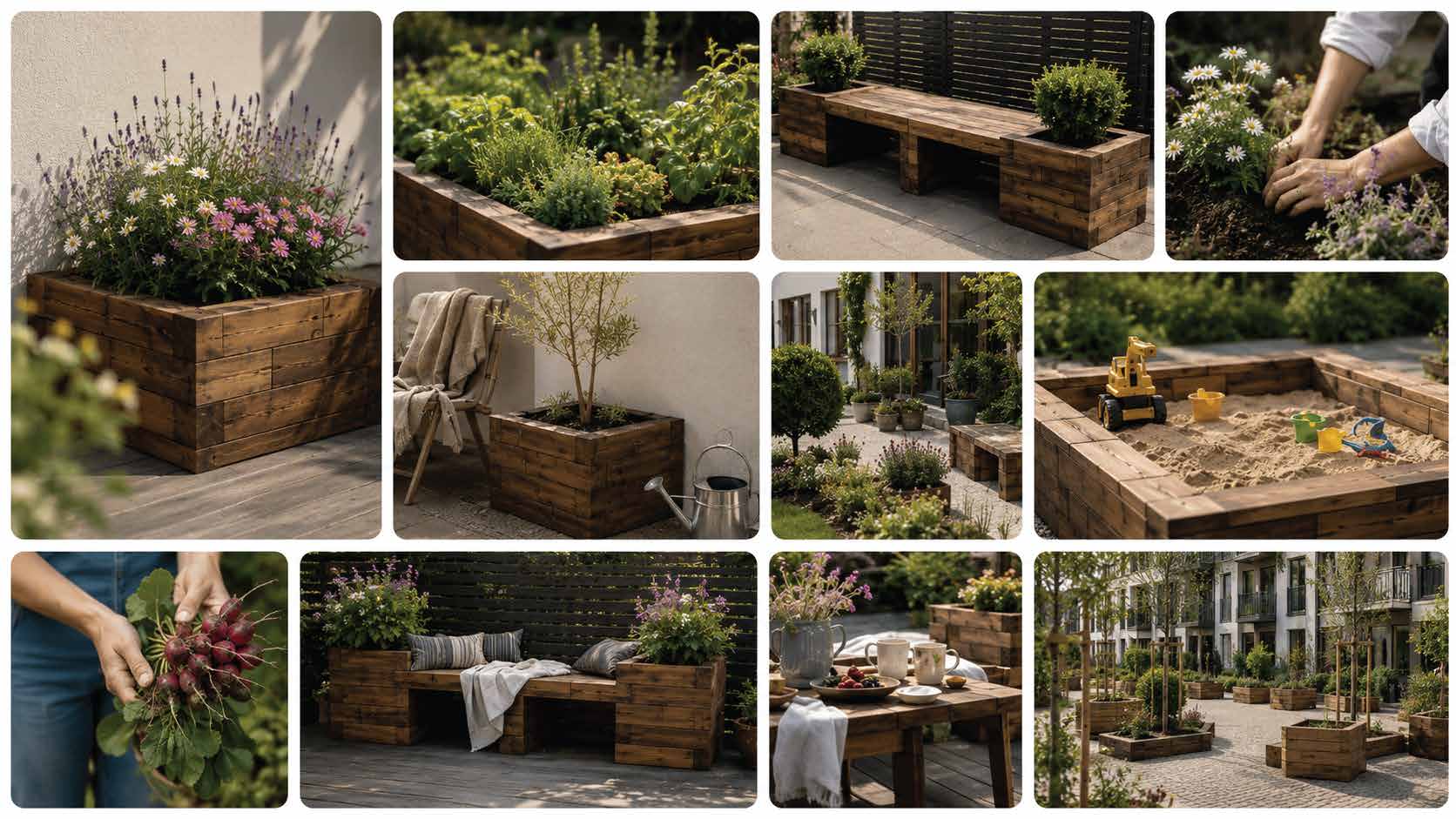 Collage of GardenBlocks projects: planters, raised beds, benches, sandbox, terrace and courtyard layouts
